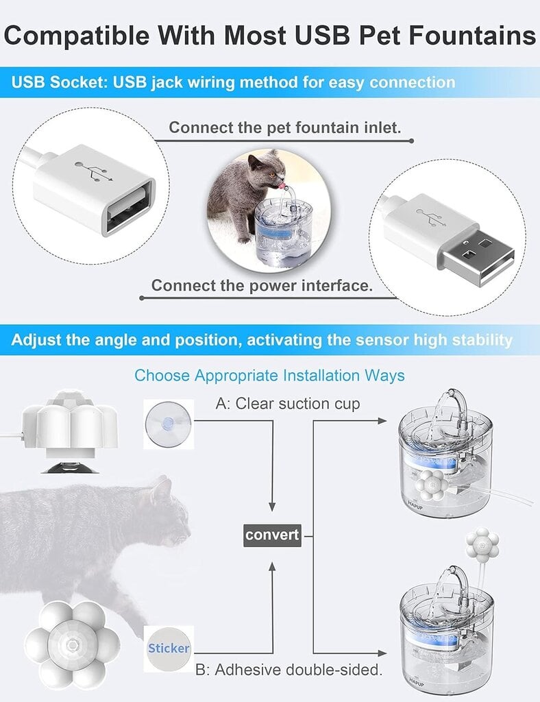 Ulkoinen PIR automaattinen anturi Cat Water Fountain DC 5V 1A USB-liitännällä 30cm Cat Water Fountains hinta ja tiedot | Vesiautomaatit | hobbyhall.fi