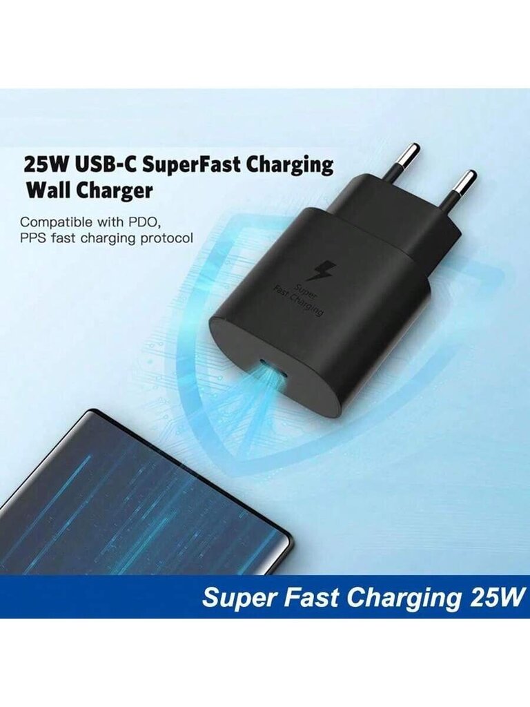 S Amsung Super Fast Charging Type C -latauskaapelin johto 25 W USB C Android-puhelimen laturilohkolla S Amsung Galaxy S23/S22/S21/S20/Plus/Ultra/FE/Note 20/10/Z Fold/Flip/A17/ IPhone 16/16pro/16pro Max/16plus/15/15pro/15plus/15promax-musta amerikkalainen  hinta ja tiedot | Kaapelit ja adapterit | hobbyhall.fi