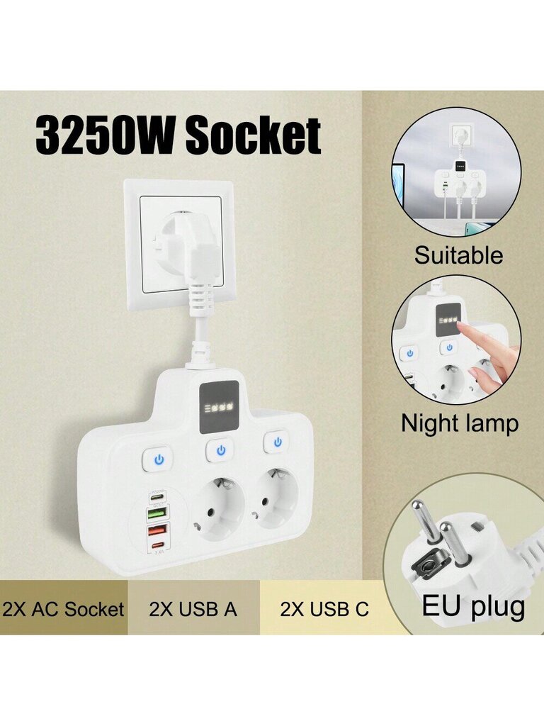 EU Plug Power Strip USB-pikalaturin jatkopistoke TYPE-C sovitin Yövalolla seinäpistorasialla laturi Smart Home Socket hinta ja tiedot | Kaapelit ja adapterit | hobbyhall.fi