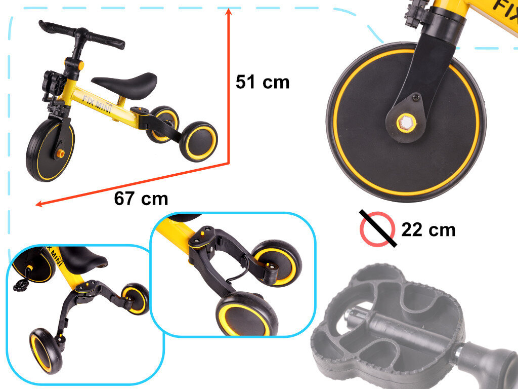 Mini cross trike, 3in1, polkimilla, keltainen hinta ja tiedot | Kolmipyörät | hobbyhall.fi