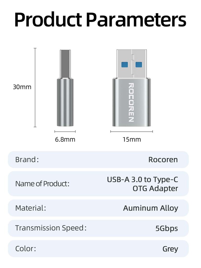 Rocoren USB-A uros-C-naaras USB3.0 laturin kaapelisovitin - harmaa - yksi koko hinta ja tiedot | Kaapelit ja adapterit | hobbyhall.fi