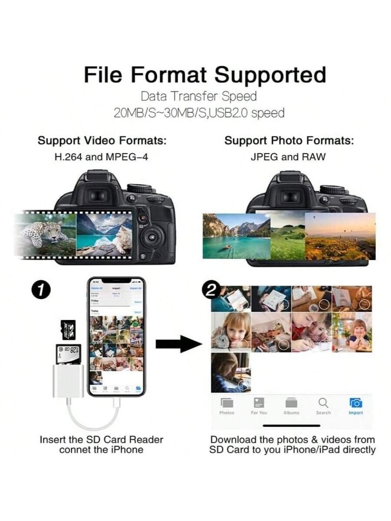 SD-kortinlukija, joka on yhteensopiva IPhone-ipad-kameran kanssa, kahden korttipaikan muistikortinlukija tukee SD- ja TF-kortin polkukamerakatselua SD-korttisovitin Kannettava Micro-SD-kortinlukija Ei vaadi sovellusta Plug and Play-White-Lightning hinta ja tiedot | Kaapelit ja adapterit | hobbyhall.fi