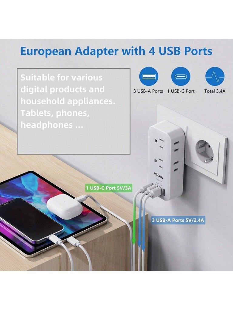 Yhdysvalloista EU:hun soveltuva pistokesovitin, sopii useimpiin Euroopan maihin matkustamisen aikana, varustettu 3 USB-portilla ja 1 Type-C-portilla, 6 AC-virtalähtöportilla, seinään asennettavalla jatkovirtalaturilla, sopii kotiin, toimistoon ja matkusta hinta ja tiedot | Kaapelit ja adapterit | hobbyhall.fi