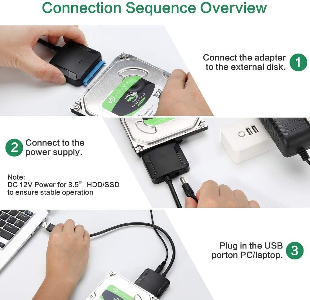 USB 3.0–SATA-kaapeli 3,5 2,5 tuuman SSD-kiintolevylle SATA III -kiintolevytuki UASP Yhteensopiva USB 1.1/2.0/3.0:n kanssa (ulkoisella 12V/2A virtalähteellä) hinta ja tiedot | Adapterit | hobbyhall.fi