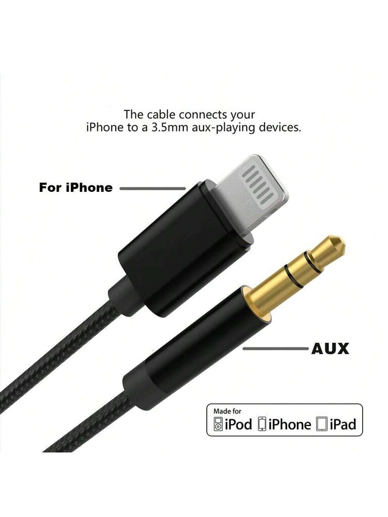 1 kpl Iphonen kanssa yhteensopiva aux-johto, [Apple MFi -sertifioitu] Lightning–3,5 mm AUX-kaapeli autostereolle, kuulokkeille, apukaapelille, joka on yhteensopiva iPhonen kanssa 14 13 12 11 XS XR X 8 7 6 Nylon Braid Black 3.3FT-Black hinta ja tiedot | Kaapelit ja adapterit | hobbyhall.fi