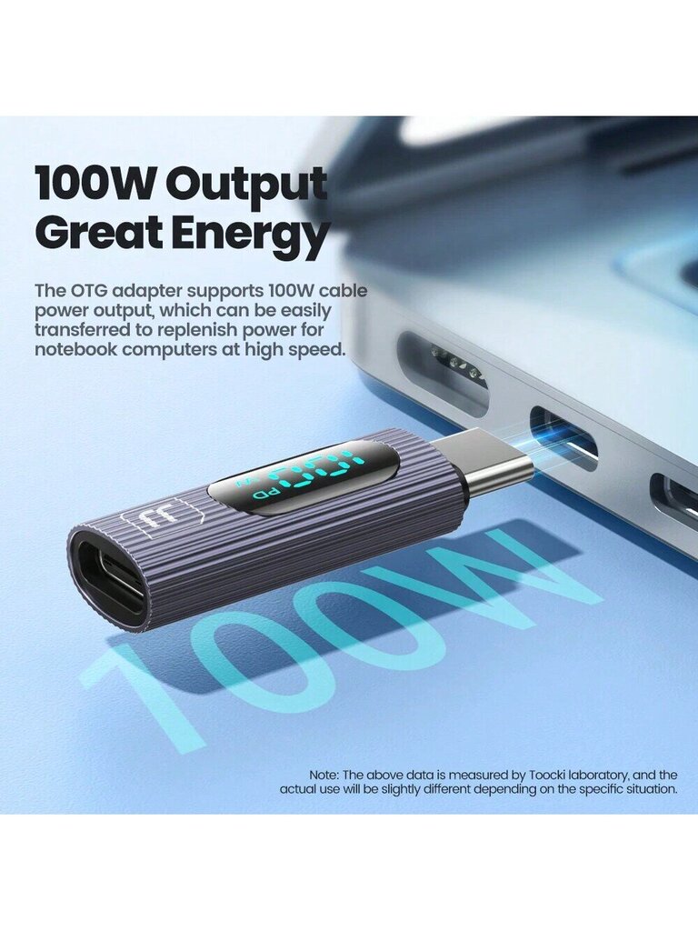 Toocki 100W Type C - Type C OTG Adapter LED Display P3.0 Pikalataus USB C OTG Muunnin kannettavalle tietokoneelle Samsung Xiaomi Huawei-Grey hinta ja tiedot | Kaapelit ja adapterit | hobbyhall.fi