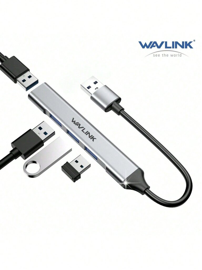 WAVLINK WAVLINK USB 3.0 -keskitin, 4-porttinen USB 2.0/3.0 -jakaja Book Pro/Airille, alumiininen USB-moniporttilaajennus, erittäin ohut kannettava USB-tietosovitin, yhteensopiva Windowsin//Android-/Linux-Silver-USB:n kanssa hinta ja tiedot | Kaapelit ja adapterit | hobbyhall.fi