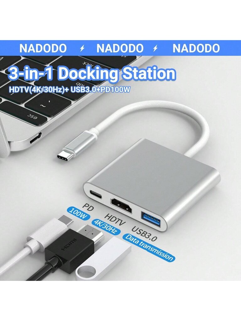 NADODO USB C - HDMI -moniporttisovitin, 3-in-1 Type-C -keskitin, jossa Thunderbolt 3 - HDMI 4K -lähtö / USB 3.0 -portti / PD 100 W pikalatausportti, Android-digitaalitelevisiosovitin Prolle, Air, Projektori, Monitori-valkoinen- yksikokoinen hinta ja tiedot | Kaapelit ja adapterit | hobbyhall.fi