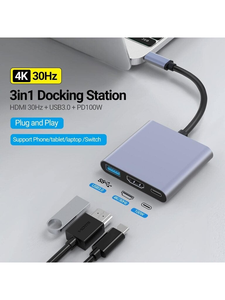 NADODO USB C-HDMI-sovitin 4K, USB Type C - HDMI-moniporttisovitin PD 100W USB 3.0, USB-C digitaalinen AV-moniporttisovitin Thunderbolt 3:lle, Prolle ja muille C-tyypin kannettaville - hopea-yksi koko hinta ja tiedot | Kaapelit ja adapterit | hobbyhall.fi