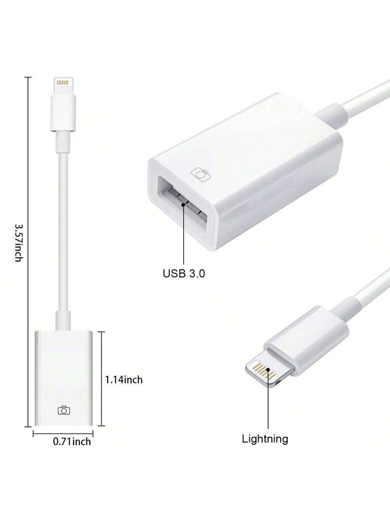 1 kpl OTG/USB-sovitin kaapelilla, Lightning to USB 3.0 OTG -sovitin, tukee kameraliitäntää, USB-muistitikku, yhteensopiva IPhone 14/13-White kanssa hinta ja tiedot | Kaapelit ja adapterit | hobbyhall.fi