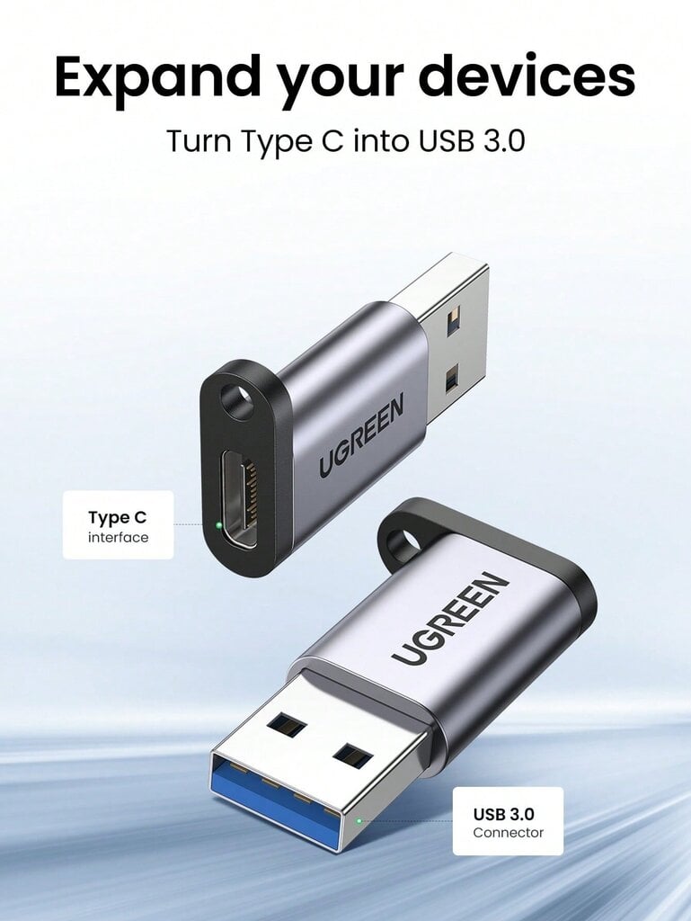 UGREEN Type C -sovitin USB A 3.0 uros USB 3.1 Type C naaras Liitin Type-C adapteri - harmaa hinta ja tiedot | Kaapelit ja adapterit | hobbyhall.fi