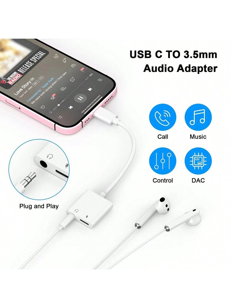 2-in-1 Type-C-C-sovitinkaapeli + 3,5 mm kuulokeliitäntäsovitin, yhteensopiva seuraavien kanssa: IPhone 16 Pro Max/16 Pro/16 Plus/16, IPhone 15 Pro Max/15 Pro/15 Plus/15, Samsung , IPad, Type-C/USB-C-laitteet Kuulokesovitin-valkoinen hinta ja tiedot | Kaapelit ja adapterit | hobbyhall.fi