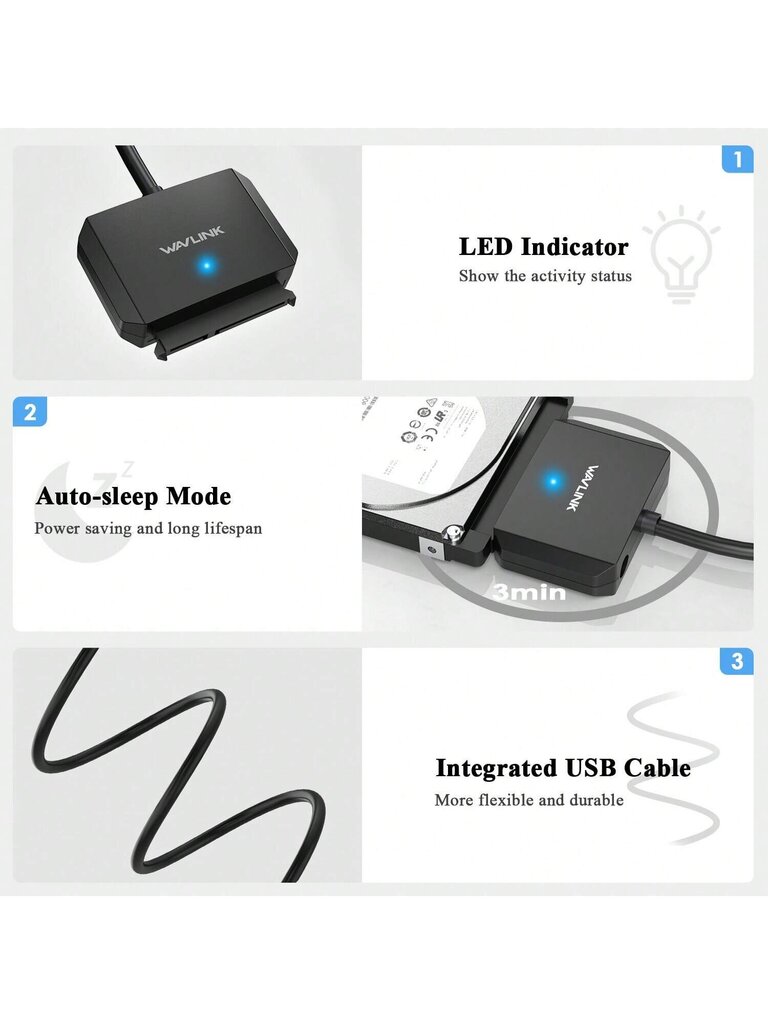 WAVLINK WAVLINK USB3.0 - SATA III -kiintolevysovitinkaapeli, SATA - USB A 5Gbps -muunnin, ulkoisen kiintolevyn liitin 2,5"/3,5" HDD/SSD-levylle, virtasovitin mukana - Black-US Plug hinta ja tiedot | Kaapelit ja adapterit | hobbyhall.fi