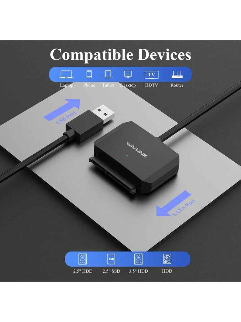 WAVLINK WAVLINK USB3.0 - SATA III -kiintolevysovitinkaapeli, SATA - USB A 5Gbps -muunnin, ulkoisen kiintolevyn liitin 2,5"/3,5" HDD/SSD-levylle, virtasovitin mukana - Black-US Plug hinta ja tiedot | Kaapelit ja adapterit | hobbyhall.fi