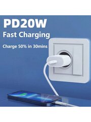 20 W pikalataava EU-seinäsovitin ja 6,6 Ft/200 cm:n USB C - Lightning-kaapelilaturisarja, joka on yhteensopiva iPhonen 14/13/12/11/Xs/Xs Max/Xr/8/7/6/IPad-sarjan kanssa hinta ja tiedot | Kaapelit ja adapterit | hobbyhall.fi