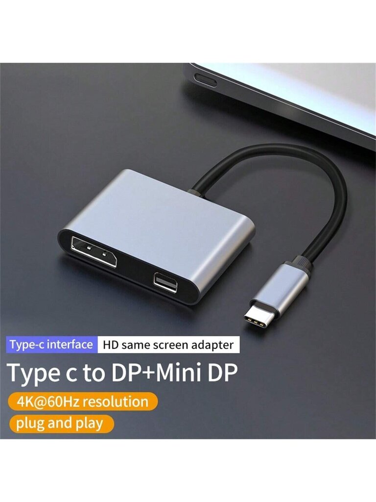 2in1 Type C -keskitin, USB C - DP, Mini DP -sovitin, 4K 60 Hz -videoresoluutio, USB-C-moniporttinen sovitin Macille ja USB Type-C -laitteille (harmaa) - Harmaa - yksi koko hinta ja tiedot | Kaapelit ja adapterit | hobbyhall.fi