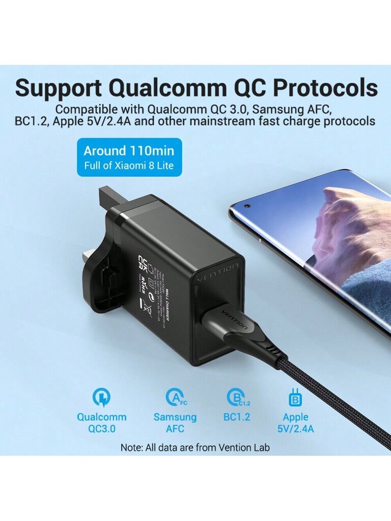 VENTION USB-laturilohkon pikalataus 3.0 22.5W Fast Wall Brick Adapteri, joka on yhteensopiva iPhonen, IPadin, Note10/9:n, Galaxy S21/S20/S10/S9/S8-Blackin kanssa hinta ja tiedot | Kaapelit ja adapterit | hobbyhall.fi