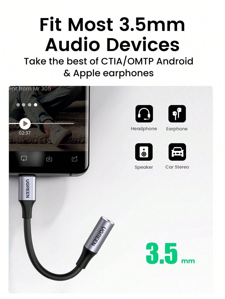 UGREEN USB C - 3,5 mm:n äänisovitin DAC-siru, joka on yhteensopiva iPhone 15 Pro Max IPAD Mini 6:n, SAMSUNGin, IPad Pron, Surface Pro 7:n, Dell XPS:n, Pro 2020 -kuulokkeiden äänisovittimen kanssa - harmaa - yksi koko hinta ja tiedot | Kaapelit ja adapterit | hobbyhall.fi