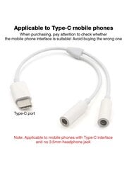 USB C - Dual 3,5 mm naaraskuulokejakaja, Type C - Dual 3,5 mm naaraskuulokeadapteri, joka on yhteensopiva Pixel 7 6:n, Galaxy S24 S23:n, IPhone 16 15 Pro Max/Pro/Plus and More-White kanssa hinta ja tiedot | Kaapelit ja adapterit | hobbyhall.fi