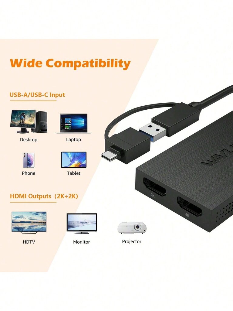 WAVLINK WAVLINK USB 3.0 - HDMI-kaksoisnäyttösovitin, USB A tai USB C HDMI-liitäntään kahdelle näytölle, Thunderbolt 3/4 -yhteensopiva, kaksoistaajuus 1080P@60Hz Windowsille, käyttöjärjestelmälle, EI tue Linuxille ja IPad OS -käyttöjärjestelmälle - musta y hinta ja tiedot | Kaapelit ja adapterit | hobbyhall.fi