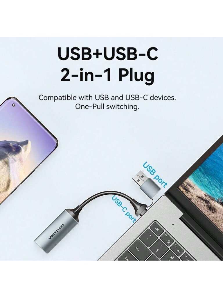 VENTION HDMI-videonsieppauskortti, 2-in-1-liitin HDMI-A-USB-C/USB-A-videon kaappauskorttiin, HDMI-naarasliitin USB-C/USB-A-liittimeen, lähtöresoluutio jopa 1080P, yleinen yhteensopivuuskamera, kytkin , PS4/5, tietokoneen harmaa hinta ja tiedot | Kaapelit ja adapterit | hobbyhall.fi