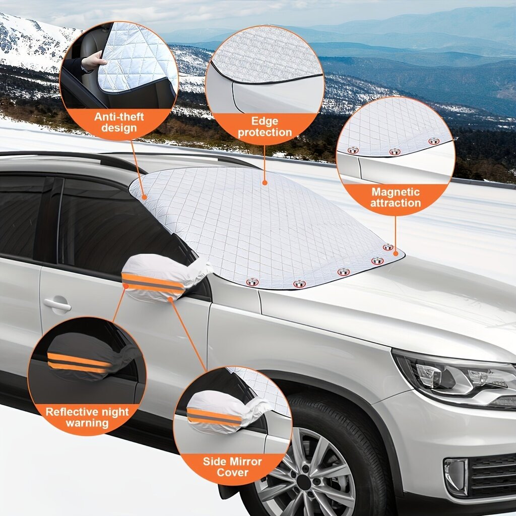 Magneettinen tuulilasin lumisuoja peilisuojalla, PE-materiaali - Monitoiminen jäätymisenesto, pölynsuoja, autojen, maastoautojen, MPV- ja kuorma-autojen suoja, 157x126cm hinta ja tiedot | Lisätarvikkeet autoiluun | hobbyhall.fi