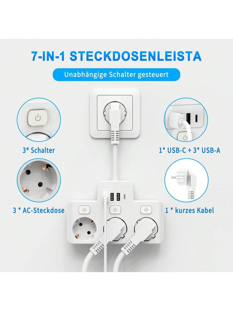 HITRENDS 1-osainen eurooppalainen pistoke, monitoimipistorasia, seinälaajennus, 3 AC-virtapistoketta, 3 USB-A- ja 1 USB-C-porttia monikanavainen virtalähde, 5 cm:n jatkojohto erillisellä LED-näytön kytkimen suojakontaktilla, 3680 W 220- 250V 16A, mustaval hinta ja tiedot | Kaapelit ja adapterit | hobbyhall.fi