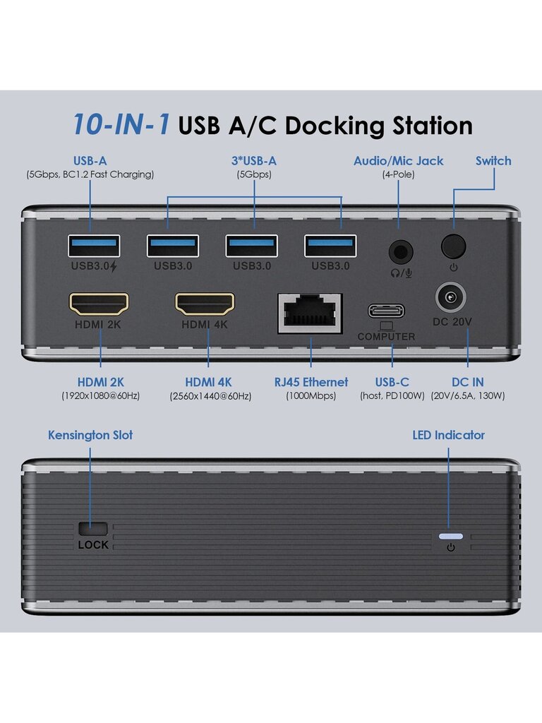 WAVLINK WAVLINK USB3.0 -yleistelakointiasema, 10-in-1 2K-näytöllinen kannettavan tietokoneen keskitin, kaksois-HDMI-näyttösovitin M1/M2 MacBook Prolle/Airille, Surface Pro, Dell XPS, Lenovo Yoga, Thunderbolt 3/4 ja PD 100 W-Grey - Iso-Britannian pistoke hinta ja tiedot | Kaapelit ja adapterit | hobbyhall.fi