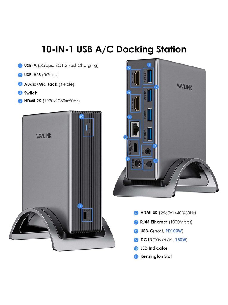 WAVLINK WAVLINK USB3.0 -yleistelakointiasema, 10-in-1 2K-näytöllinen kannettavan tietokoneen keskitin, kaksois-HDMI-näyttösovitin M1/M2 MacBook Prolle/Airille, Surface Pro, Dell XPS, Lenovo Yoga, Thunderbolt 3/4 ja PD 100 W-Grey -USA pistoke hinta ja tiedot | Kaapelit ja adapterit | hobbyhall.fi