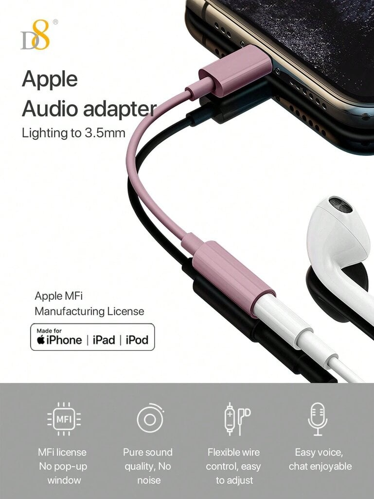 D8 MFI Lightning - 3,5 mm:n äänisovitin Aux-kuulokkeet, DAC-stereomikrofoni HiFi-kuulokkeiden dongle, yhteensopiva IPhone 14 13 12 11 Pro Max / X XS Max XR/8 7 Plus IPad - Violetti - yksi koko hinta ja tiedot | Kaapelit ja adapterit | hobbyhall.fi