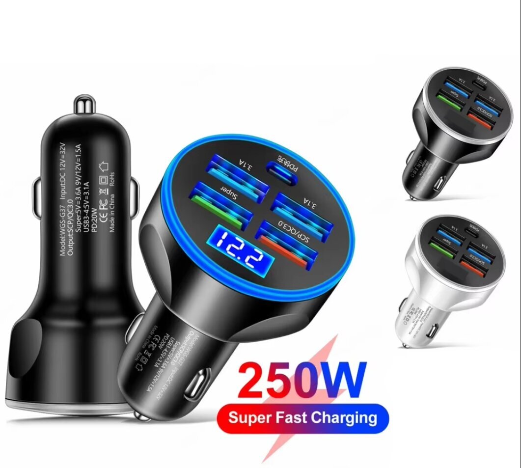 250W PD autolaturi 5 porttia nopea lataus PD QC 3.0 USB C autolaturi tyyppi C sovitin autossa iPhone Samsung Xiaomi hinta ja tiedot | Sähköautojen lataustarvikkeet | hobbyhall.fi