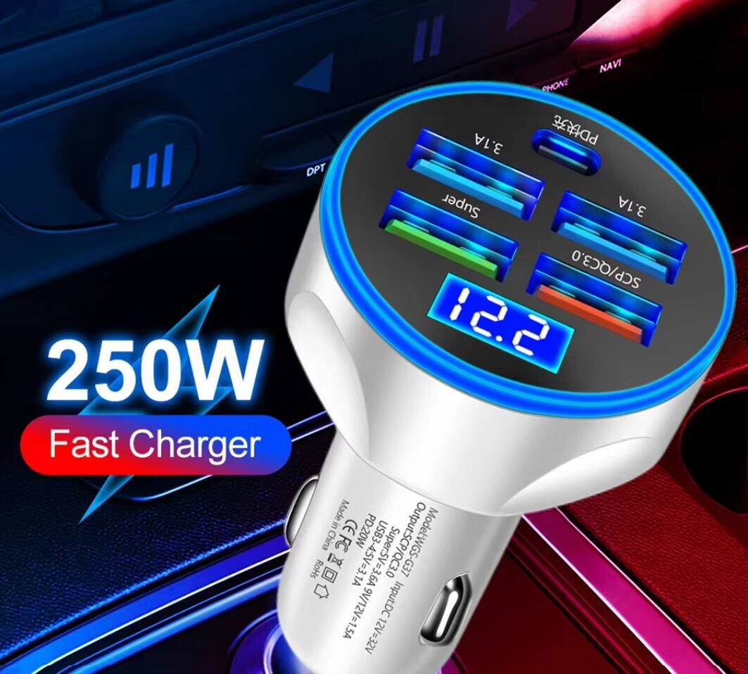 250W PD autolaturi 5 porttia Nopea lataus PD QC 3.0 USB C autolaturi tyyppi C sovitin iPhone Samsung Xiaomi valkoinen hinta ja tiedot | Sähköautojen lataustarvikkeet | hobbyhall.fi