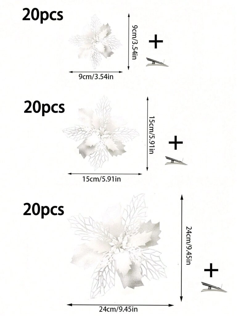 10kpl/20kpl Valkoisia tekokukkia kiinnikkeillä, talvijouluksi, uudeksi vuodeksi, hääseppele, portaat, ikkuna, takkasisustus-valkoinen-15cm hinta ja tiedot | Joulukuuset ja kranssit | hobbyhall.fi