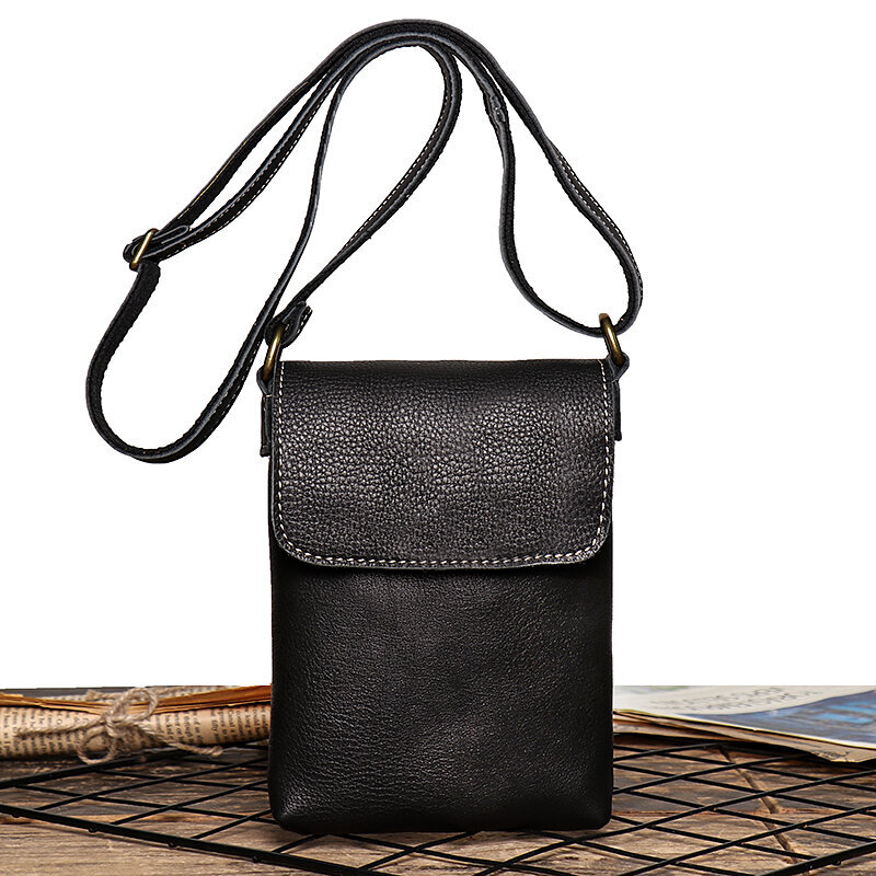 Musta-Retro Flip Musta pieni olkalaukku miehille Nahkainen Sling Crossbody Laukut Minority Design Mies Yksinkertainen matkapuhelinlaukku hinta ja tiedot | Tietokonelaukut | hobbyhall.fi