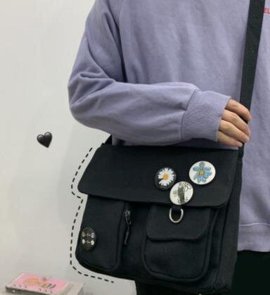 black1-Harajuku Söpö vedenpitävä kangaskassi Naisten Messenger Bag Opiskelijaluokan koululaukut Ins Reppu Suuri tilavuus olkalaukku hinta ja tiedot | Tietokonelaukut | hobbyhall.fi