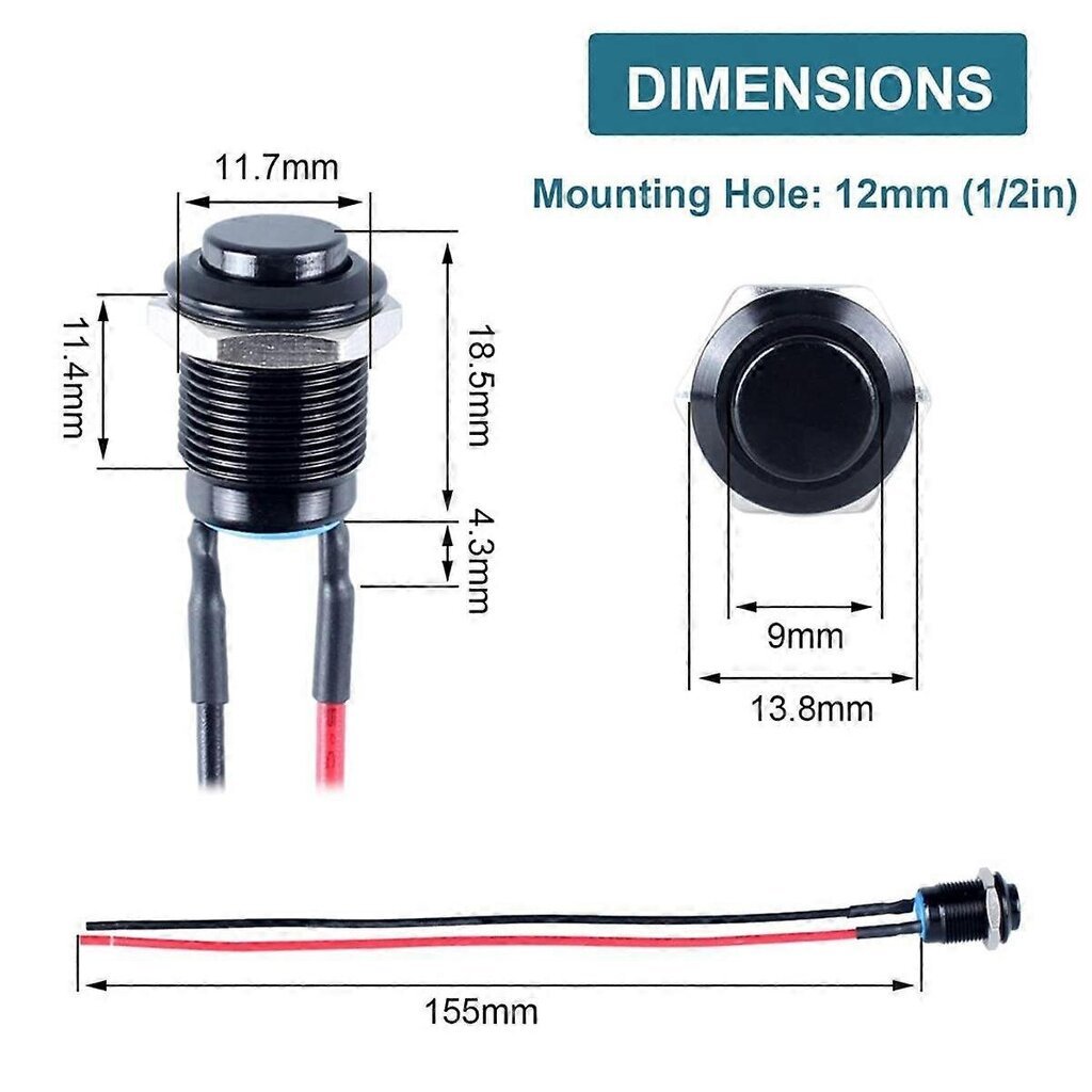 Vaihto 5Kpl 12Mm Lukittava Painikekytkin Korkea Pyöreä Pää, Esijuotettu Kaapeli Alumiiniseos 1No W Autotarvikkeet hinta ja tiedot | Moottorin varaosat | hobbyhall.fi