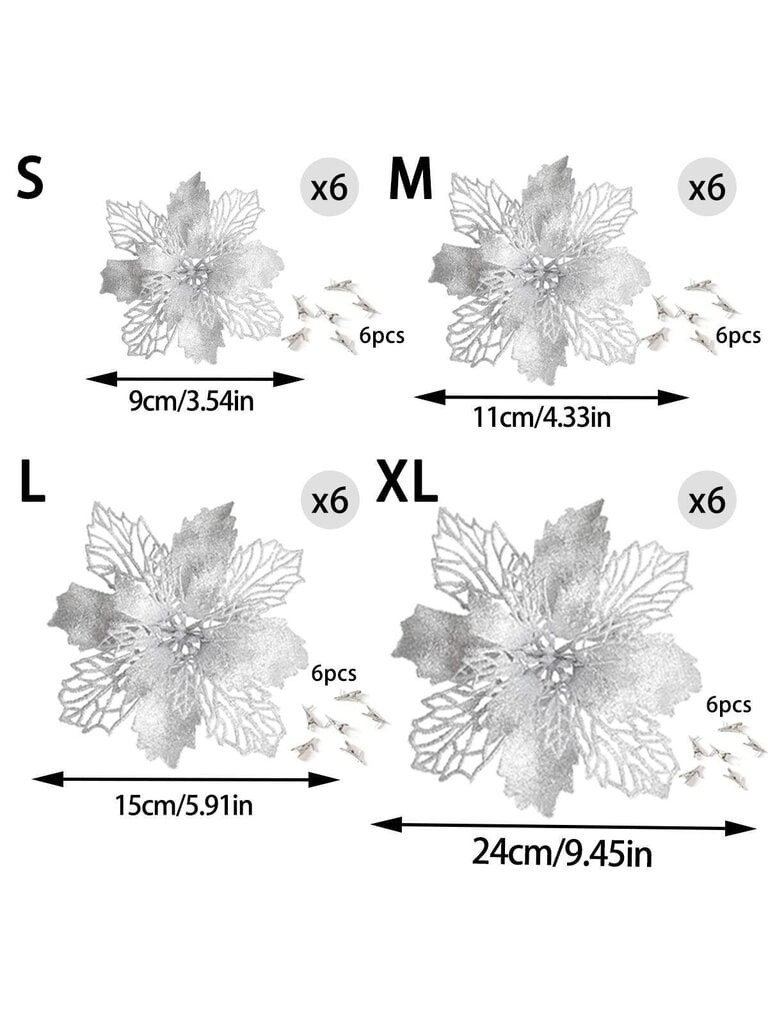 6kpl Hopeinen keinotekoinen joulukukka klipsillä, joulukuusenkoristeseppele juhlapyhien sisustukseen-punainen-11 cm hinta ja tiedot | Joulukuuset ja kranssit | hobbyhall.fi