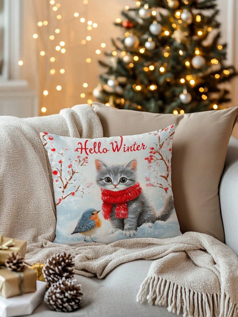 1kpl Christmas Cat & Snowy Bird -kuvioinen tyynynpäällinen, moderni kangas Pehmopainattu tyynyliina sohvalle Olohuoneen joulusisustus, ilman täyteainetta-Monivärinen-50*50 hinta ja tiedot | Pehmolelut | hobbyhall.fi