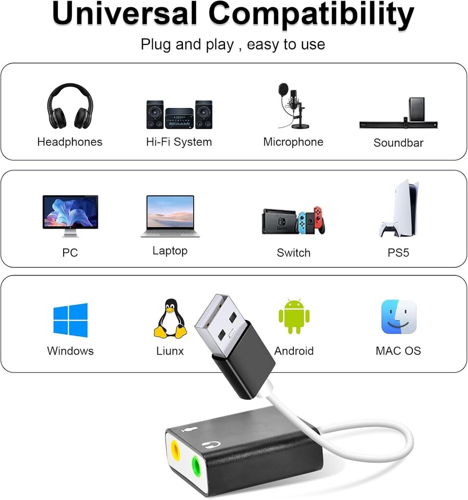 USB-äänisovitin, ulkoinen äänikortti PC:lle ja kannettavalle tietokoneelle, musta hinta ja tiedot | Adapterit | hobbyhall.fi