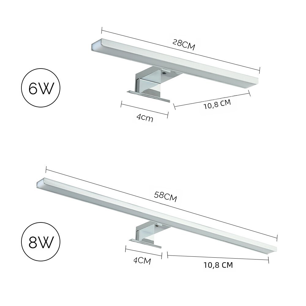 LED-kylpyhuoneen peilivalo seinään turhamaisuus etulamppu vedenpitävä 6000K 6/8W 8W 58cm kylmä valkoinen (5500-7000K) hinta ja tiedot | Seinävalaisimet | hobbyhall.fi