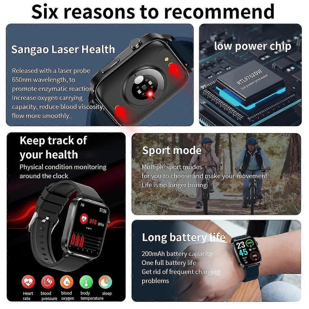 2023 Uusi Blood Sugar Smart Watch Miesten Sangao Laser Treat Health Syke Verenpaine Urheiluälykello Naisten Glukometrikello hinta ja tiedot | Älykellot | hobbyhall.fi