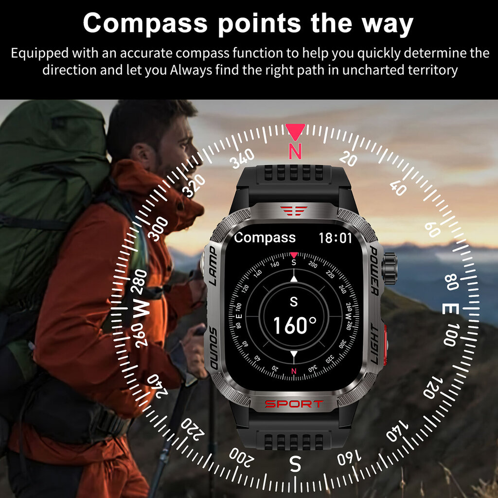 Misirun Smart Watch Miesten Led Taskulamppu Kompassi Korkeus Ilmanpaine 100+ Urheilutila Fitness Tracker Outdoor Military Smart Watch_Green hinta ja tiedot | Älykellot | hobbyhall.fi