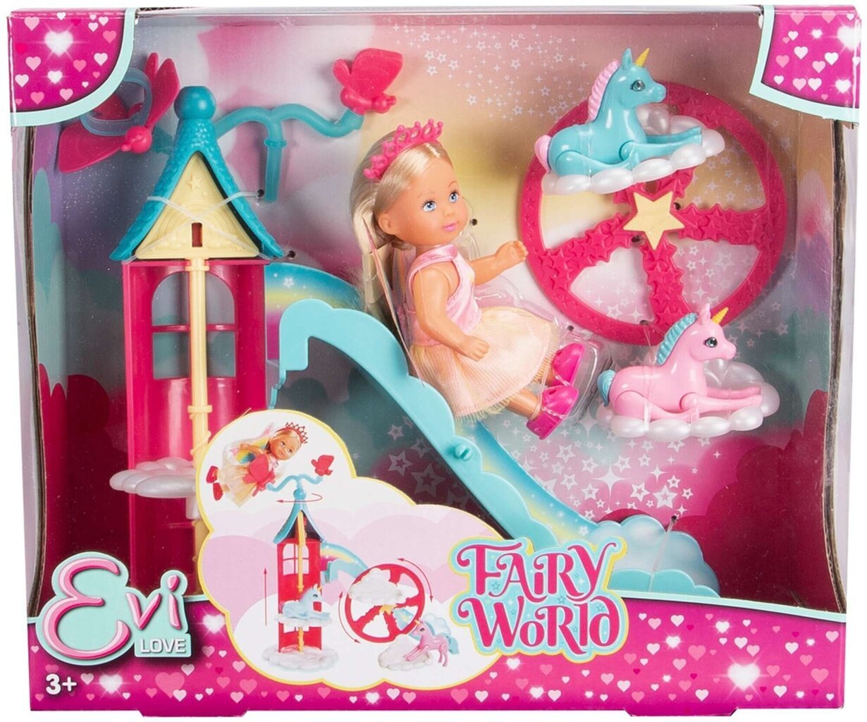 Evi Love Fairy World pieni sarja satujen nukkejen värikäs ponilinna liukumäellä ja tarvikkeilla hinta ja tiedot | Tyttöjen lelut | hobbyhall.fi