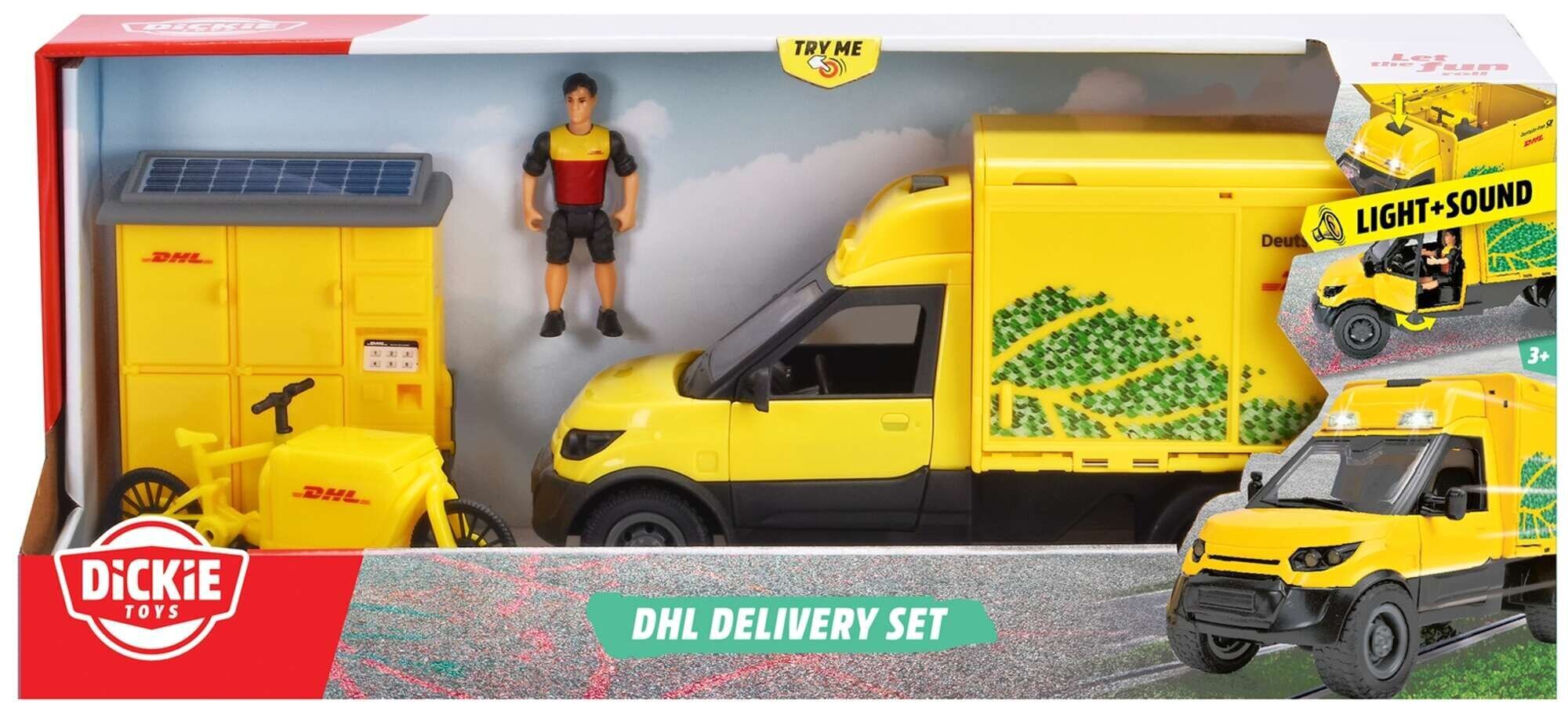 DHL keltainen pakettiauto sarja ajoneuvo figuurilla kuriiripyörä + lisävaruste valo ääni hinta ja tiedot | Poikien lelut | hobbyhall.fi