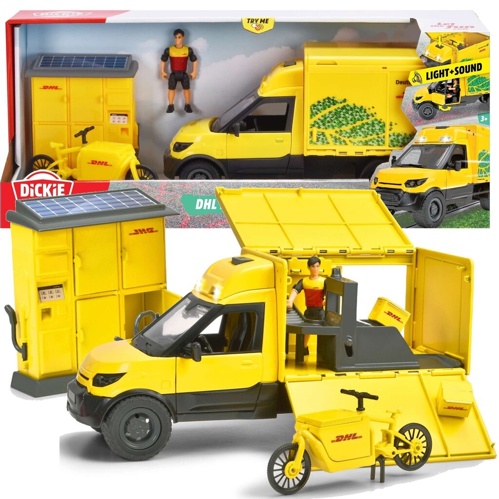 DHL keltainen pakettiauto sarja ajoneuvo figuurilla kuriiripyörä + lisävaruste valo ääni hinta ja tiedot | Poikien lelut | hobbyhall.fi