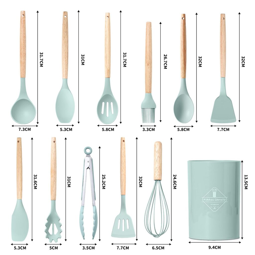Silikoninen ruoanlaittovälinesarja, lämmönkestävät ja tarttumattomat keittiövälineet puisella kahvalla, 12 osaa väriperhe hinta ja tiedot | Höyry- ja monitoimikattilat | hobbyhall.fi