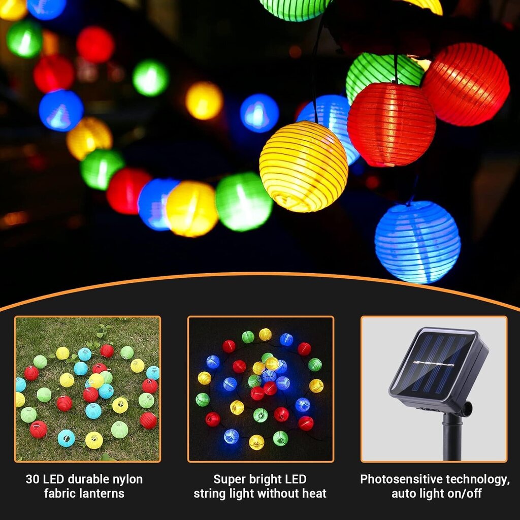 Solar String Lights, 6.5M 30 LED Multi Color Outdoor Solar Lyhdyt IP65 Vedenpitävä 8 Mode Lights Lyhty Puutarha Patio Piha Hääjuhliin Joulukoristeita hinta ja tiedot | Jouluvalot | hobbyhall.fi