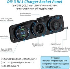 3 in 1 laturin liitäntäpaneeli, 12 V:n virtapistoke, QC3.0-kaksois-USB-laturi, valaistu keinukytkin veneille, perävaunuille, autoille, linja-autoille hinta ja tiedot | Syöttihäkit | hobbyhall.fi