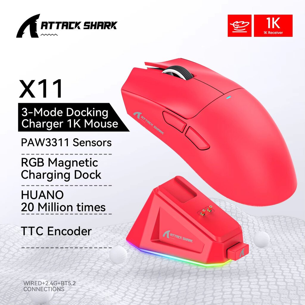 Raudonasi Attack Shark X11 langaton hiiri Paw3311 22000DPI Buletooth kolme tilaa Rgb lataustelakka Kevyt peli E-urheiluhiiri kannettava tietokone hinta ja tiedot | Hiiret | hobbyhall.fi