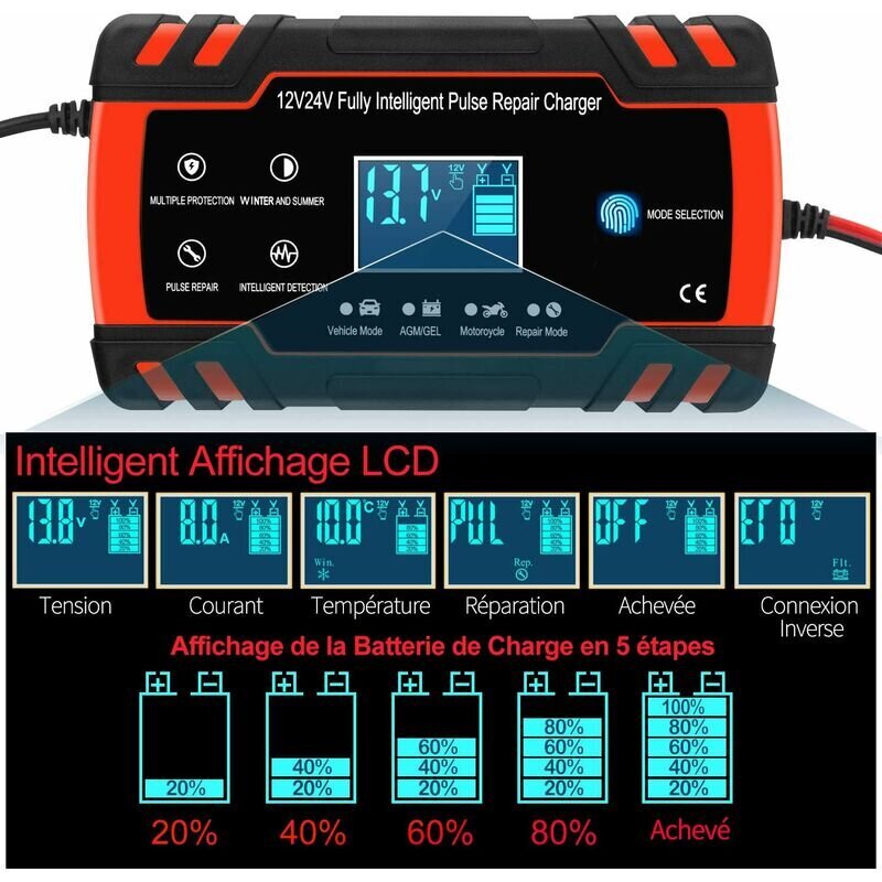 8A 12V/24V älykäs auto- ja moottoripyöräakkulaturi, auton akkulaturin ylläpito, 3-vaiheinen akkulaturi ja automaattinen korjaustoiminto kuorma-autoille, AGM, GEL, WET, SLA - LKBD hinta ja tiedot | Auton sisätilatarvikkeet | hobbyhall.fi